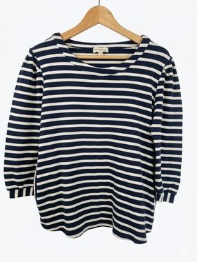 Faith and Joy Navy White Striped Crewneck Light Sweater Pockets Cotton Size M